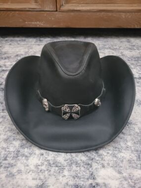 Austin Genuine Leather Cowboy Hat Black Outlaw Biker Gothic Skulls Iron Cross.